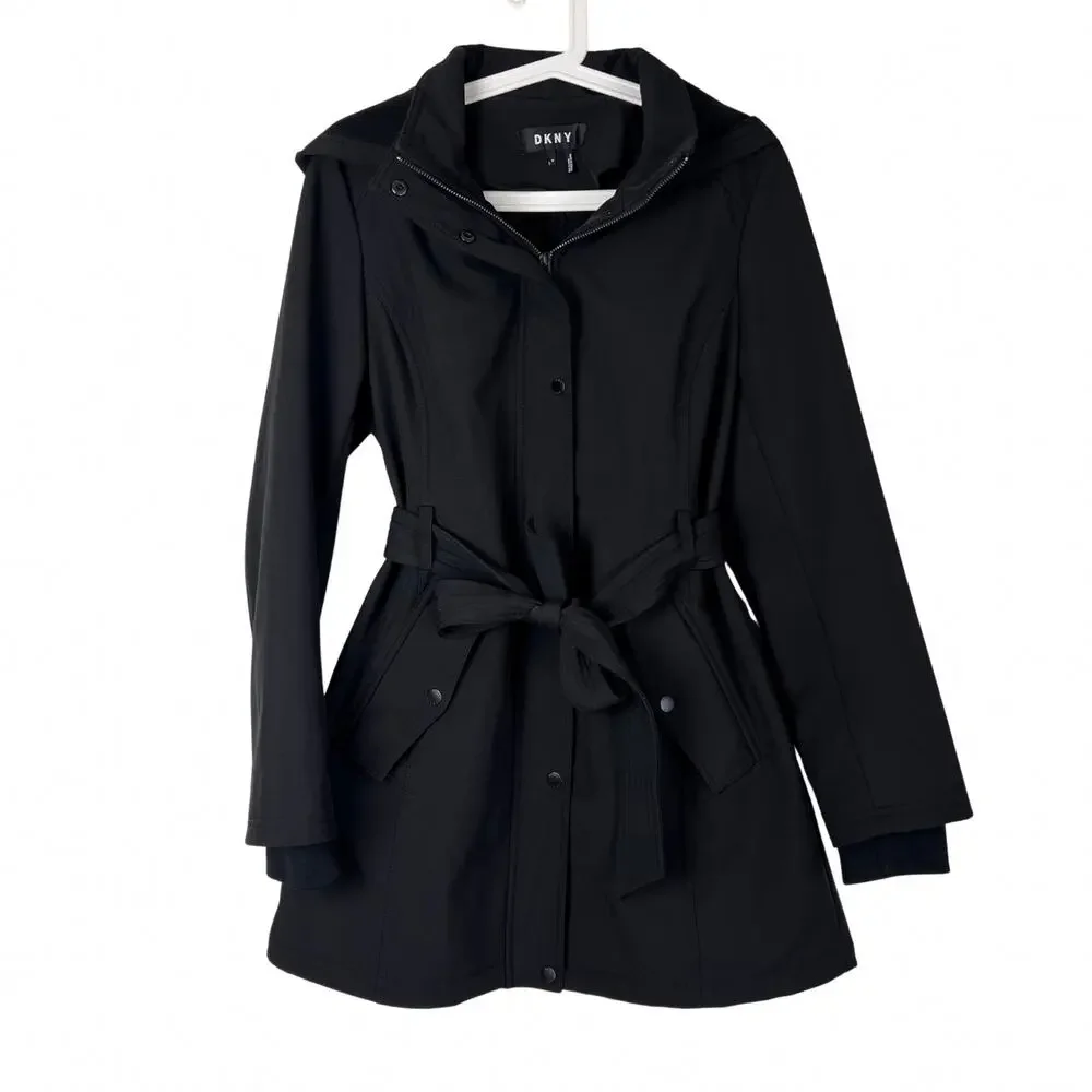 DKNY Black Hooded Belted Coat Women’s Medium Softshell Trench Jacket - Picture 1 of 8